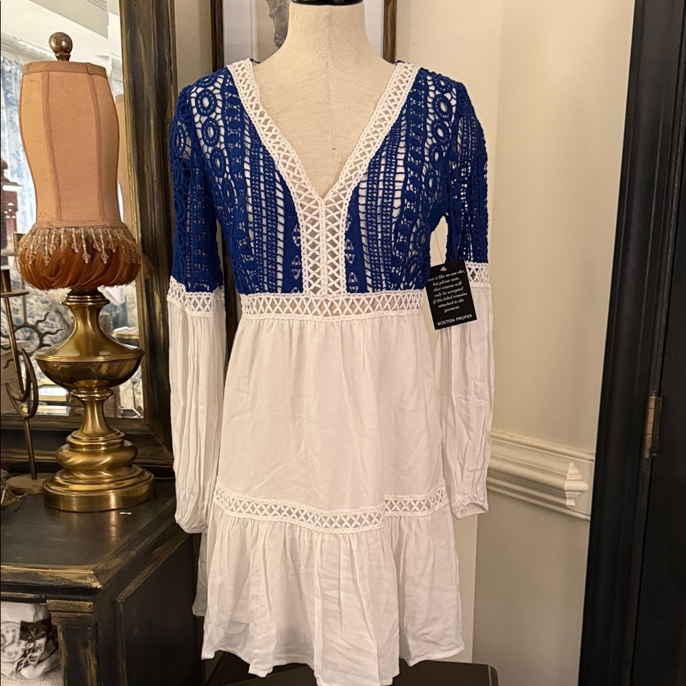 Boston Proper Royal Blue Crochet dress Top with White Skirt